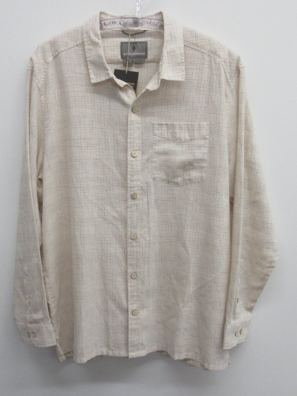 ROYAL ROBBINS BUTTON DOWN SHIRT MENS XL STANDARD FIT BEIGE PLAID LONG SLEEVE